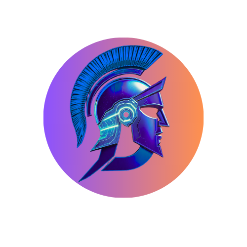 Imagen de un guerrero digital futurista con casco cibernético y pluma, representando innovación y tecnología de vanguardia.