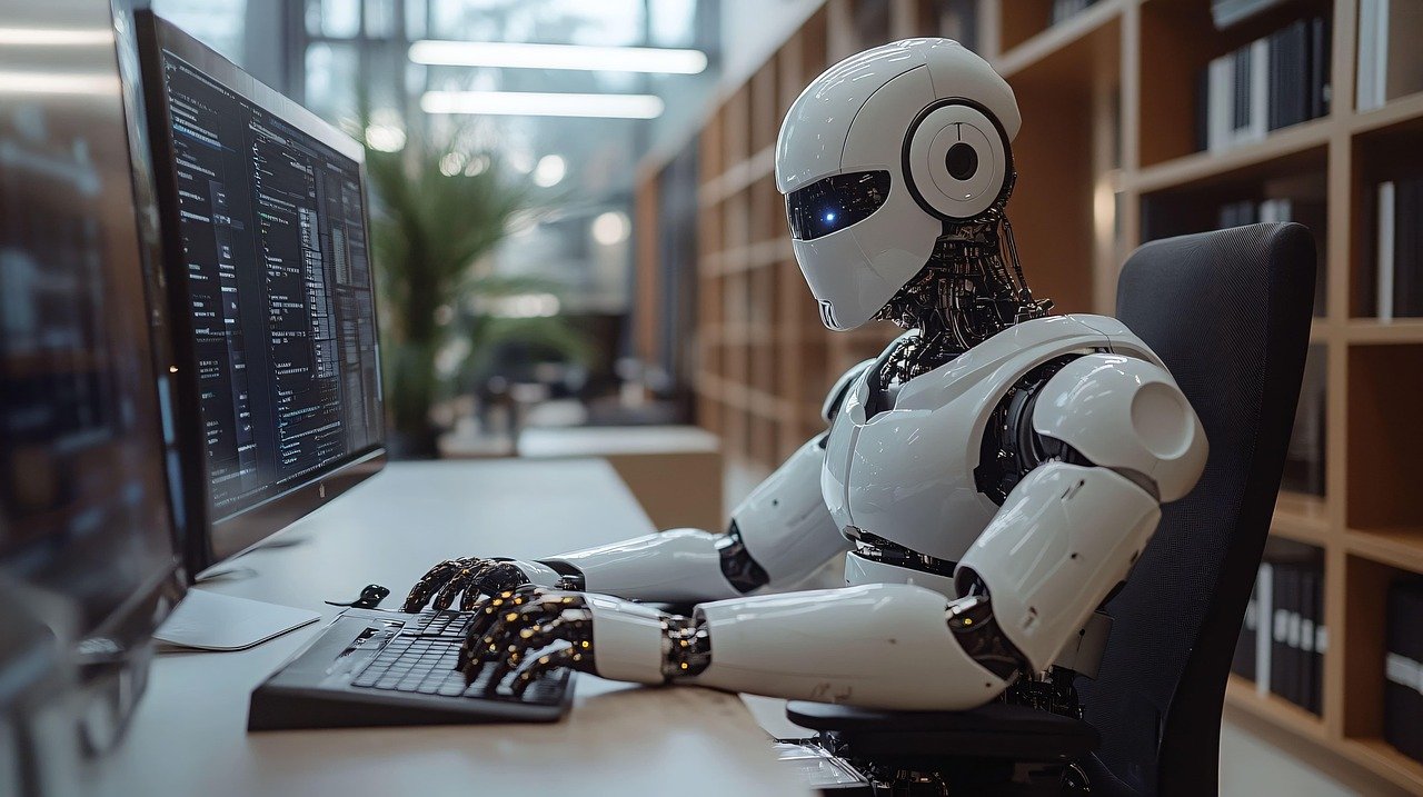 Robot de inteligencia artificial interactuando en oficina moderna con computadoras y tecnología avanzada.