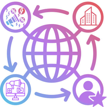 Gráfica de concepto de marketing digital, redes sociales y tecnología en colores morados y rosas.